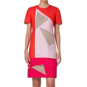 Akris Spectra Print Sheath Dress Cotton Silk Red Pink Triangle Geometric 4